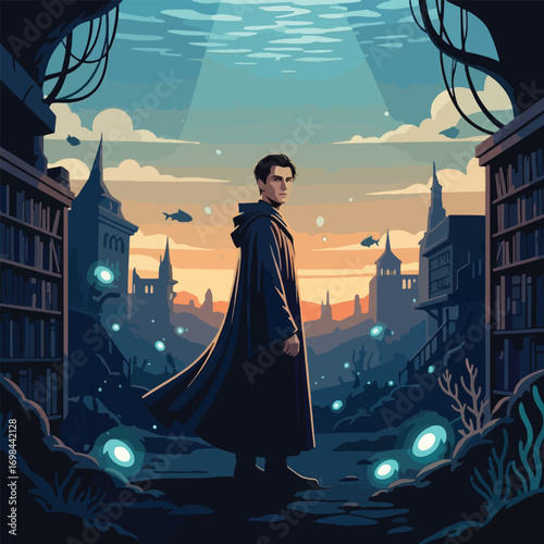 Mysterious young man in a dark robe stands in an underwater city, surrounded by glowing orbs and bookshelves.
