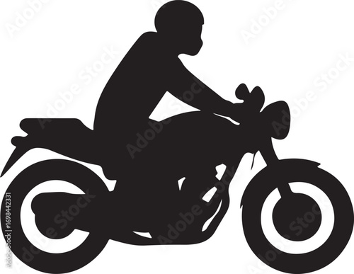 Silhouette of a motorcyclist wearing a helmet riding a classic motorcycle