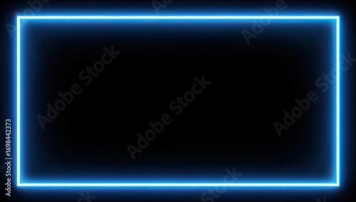 Vibrant electric blue neon rectangle frame glowing on a dark background.