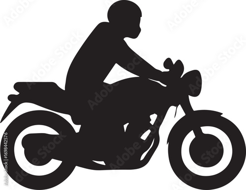 Silhouette of a motorcyclist riding a classic motorcycle on a white background