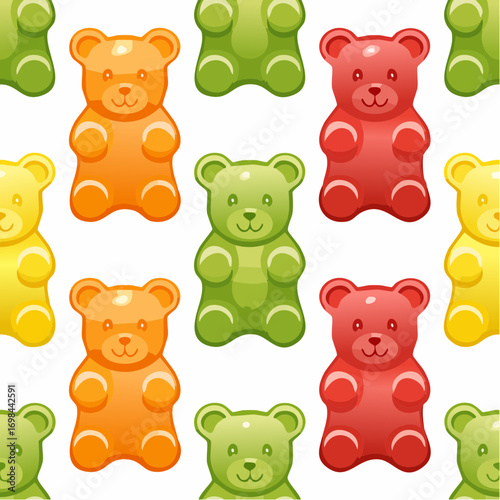 Gummy jelly bears, seamless pattern. Cute gum candies, sweet snacks, chewy confectionery, endless background, texture.
