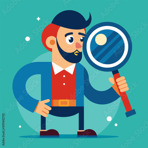 Funny character with magnifying glass. Flat vector illustration.
