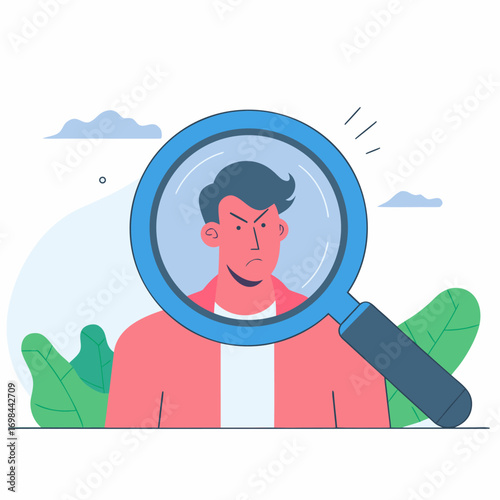 Sad man under magnifying glass image. Flat vector illustration.