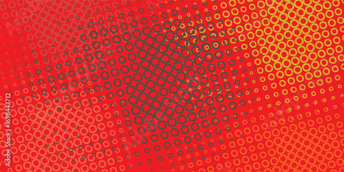Vibrant red and orange abstract background with a retro circular halftone pattern.