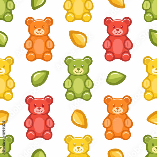 Gummy jelly bears, seamless pattern. Cute gum candies, sweet snacks, chewy confectionery, endless background, texture.