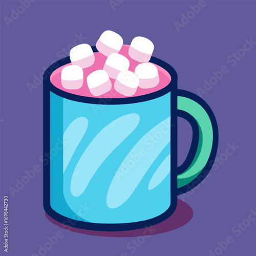 Blue mug of hot chocolate with marshmallows image. Cartoon vector illustration.