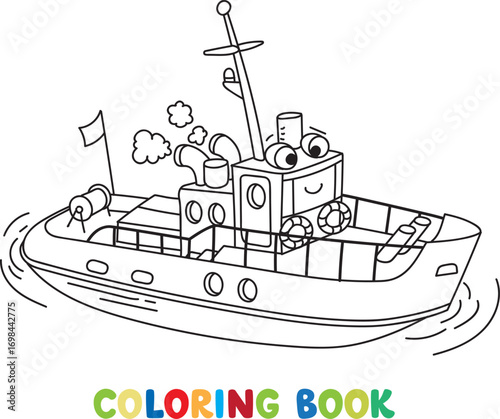 Funny tugboat with eyes coloring book