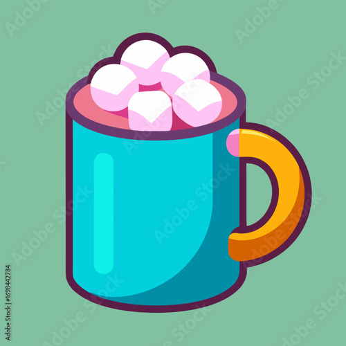 Hot chocolate with marshmallows in blue mug image. Cartoon vector illustration.