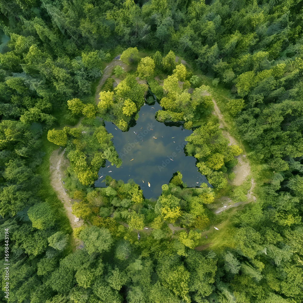 Naklejka premium A lake in the shape of a recycling sign in the middle of untouched nature. An ecological metaphor for ecological waste management and a sustainable and economical lifestyle. 3d rendering