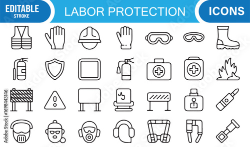 Industrial protection vector icons pack with mask, vest, barrier, sanitizer, and safety shield