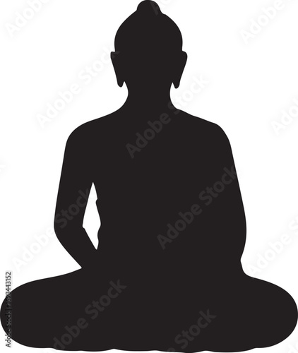 Black Silhouette of Buddha Meditating in Lotus Position on White Background