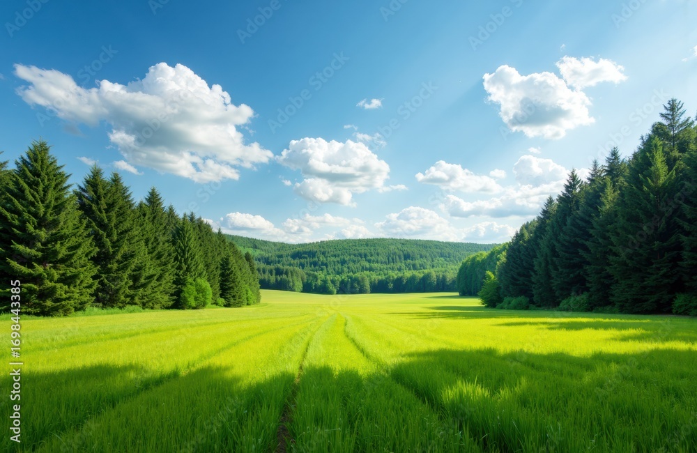 Obraz premium Lush green meadow stretches into the distance under a bright blue sky with fluffy white clouds