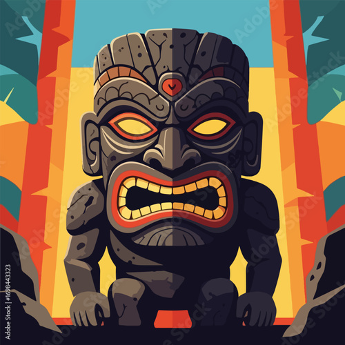 A fierce, ancient stone tiki idol with glowing yellow eyes and a wide, roaring mouth, set against a vibrant tropical backdrop.