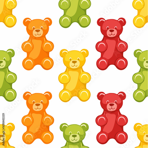 Gummy jelly bears, seamless pattern. Cute gum candies, sweet snacks, chewy confectionery, endless background, texture.