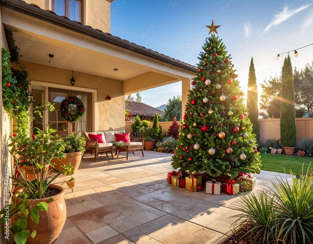 Naklejka premium Outdoor Christmas Tree Decorated with Lights and Ornaments in Sunny Patio – Latin Summer Holiday Decor
