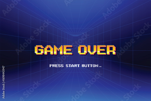Game Over, Retro games for game assets in retro futuristic sci-fi background vector illustration. Glowing neon from an old arcade