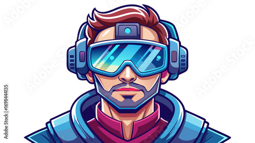 Close-up portrait of male VR developer wearing a headset. Isolated white background emphasizes immersion, design, and interactive technology.
