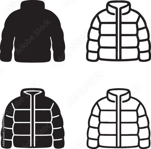 Isolated puffer jacket icons, black winter jacket vector, minimal coat silhouette, outline puffer symbol, warm clothing clipart, editable vector jacket icon set