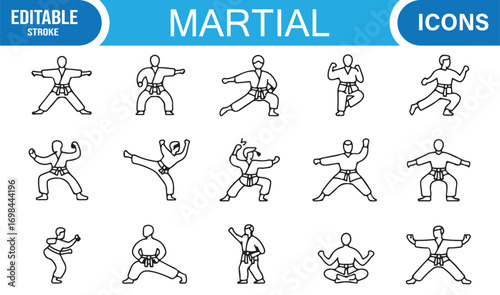 Sport and martial arts line icons pack including action poses, stances, techniques, and guard forms