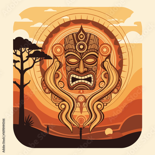 A stylized illustration of a fierce Tiki mask set against a vibrant sunset landscape with a lone figure in the foreground.