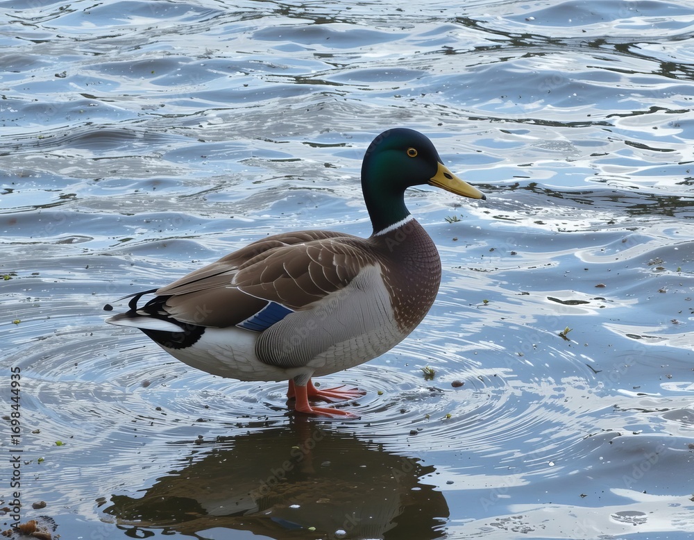 Obraz premium Majestic mallard duck stands gracefully in rippling blue water.