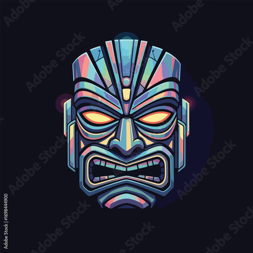 Colorful Tiki Mask Illustration with Glowing Eyes on Dark Background.
