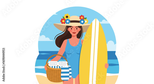 Flat Illustration of Woman with Surfboard and Beach Basket Vacation Scene
