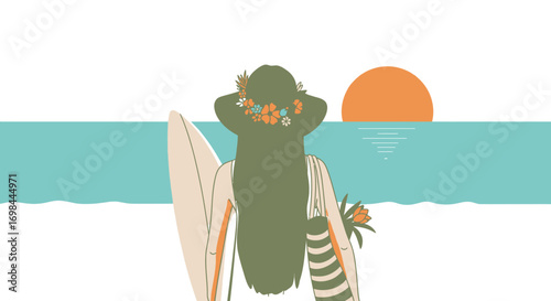 Modern Flat Illustration Back View Woman Surfer at Beach Destination