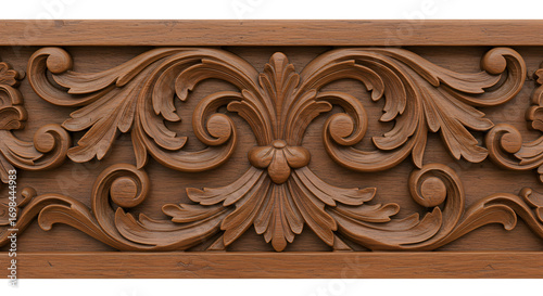 Intricate Floral Wood Carving: A detailed wood carving showcases an ornate design of intertwining floral patterns, highlighting the skill of the artisan in creating an aesthetic wooden piece.