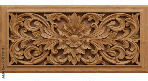 Ornate Wood Carving: A meticulously crafted wooden panel showcases an elaborate floral pattern, revealing the artistry and detailed craftsmanship of a timeless design.