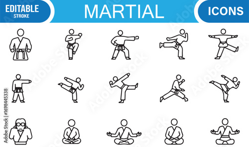 Self defense and combat outline icon set with martial art poses, guards, kicks, and punches