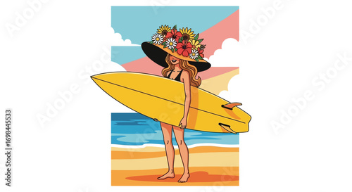 Stylish Illustration of a Woman with Surfboard Wearing Flower Hat on Beach