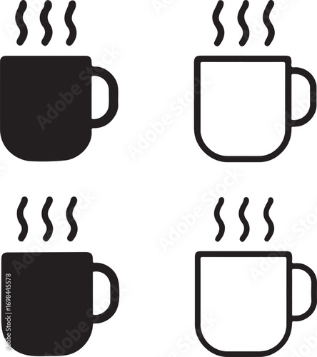 Isolated hot drink mug icons, black coffee mug vector, minimal tea cup silhouette, outline hot drink symbol, beverage cup clipart, editable vector mug icon set