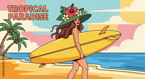Trendy Lineart Girl with Surfboard on Tropical Beach Illustration