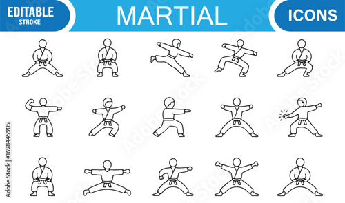 Karate and taekwondo vector icons collection with martial arts moves, blocks, and fighting styles