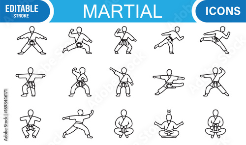 Combat and defense outline icons pack including kicks, punches, and martial training illustrations