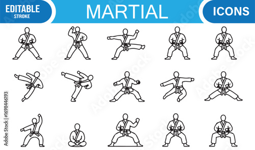 Martial arts line icons set with karate, taekwondo, and kung fu fighting stances and poses