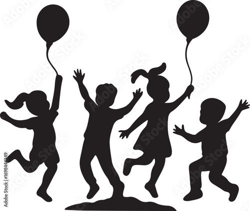 Silhouette of Children Playing with Balloons Jumping and Having Fun Together