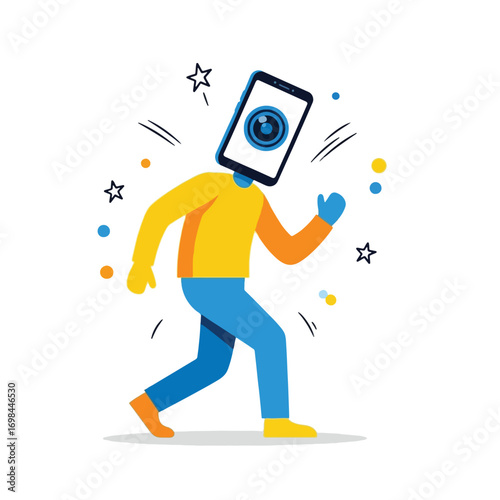 Vector illustration of a person with a smartphone for a head, symbolizing modern digital life and communication.