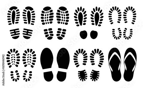 Collection of Black Shoe and Footprint Silhouettes on White Background
