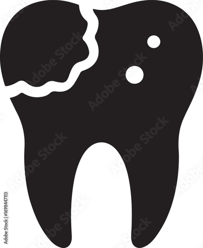 Isolated tooth decay icon, black dental vector, minimal damaged tooth silhouette, outline cavity symbol, dentist problem clipart, editable vector tooth icon set