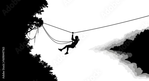 Person ziplining through jungle trees silhouette isolated on white background