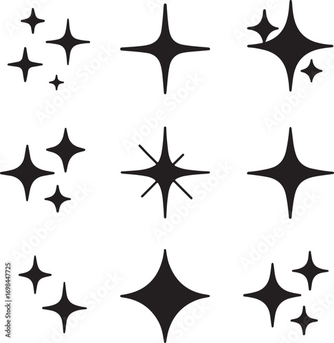 Isolated sparkle icons, black glowing vector, minimal star symbol silhouette, outline sparkle effect symbol, shiny clean clipart, editable vector sparkle icon set