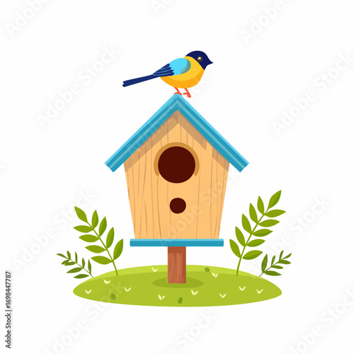 Birdhouse with a bird on the roof. Cartoon vector illustration isolated on white background.