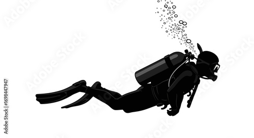 Silhouette of a scuba diver swimming underwater with bubbles