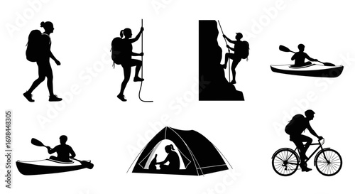 Silhouettes of people enjoying outdoor adventure activities like hiking climbing kayaking camping and cycling