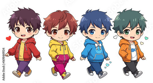 A charming character design set featuring a group of four cute anime chibi boys walking in colorful hoodies, isolated vector illustration