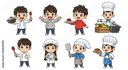Set of adorable chef and baker cartoon characters in various poses, a charming culinary mascot collection vector illustration design