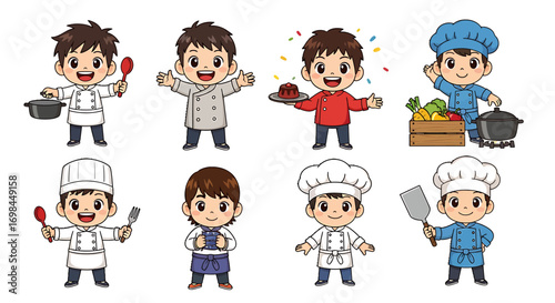 A charming cartoon chef character collection design, featuring cute boys cooking with a whisk and other kitchen utensils in a vector illustration set