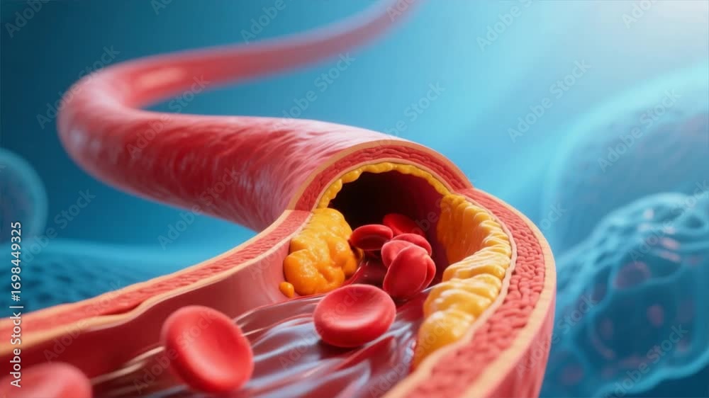 Cross section of human artery with red blood cells moving past yellow ...